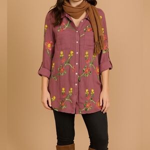 FIGUEROA & Flower/ Foral Embroidered Button-Up Tunic/ Size US XL